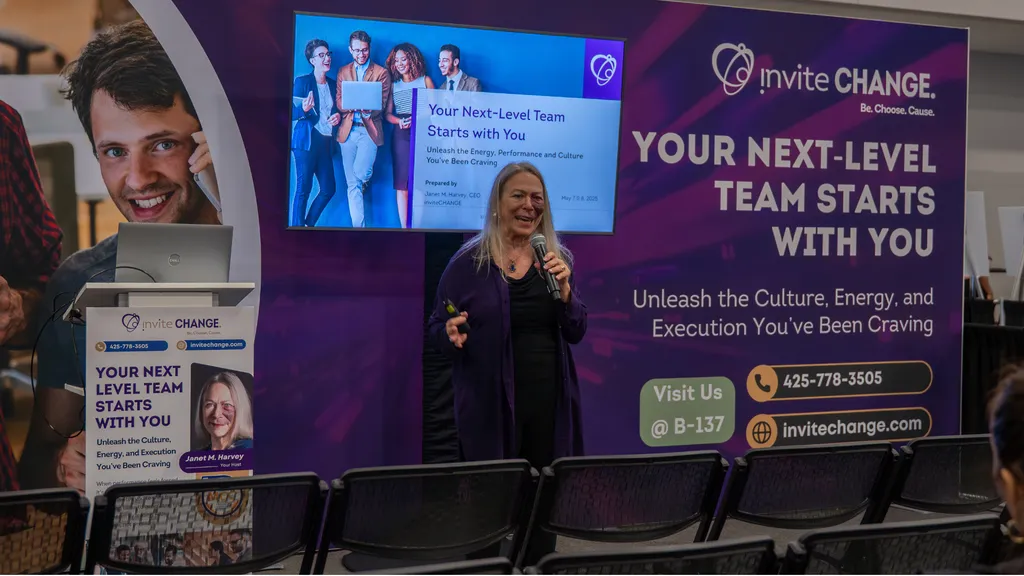 A speaker presenting at a booth during B2B Marketing Expo