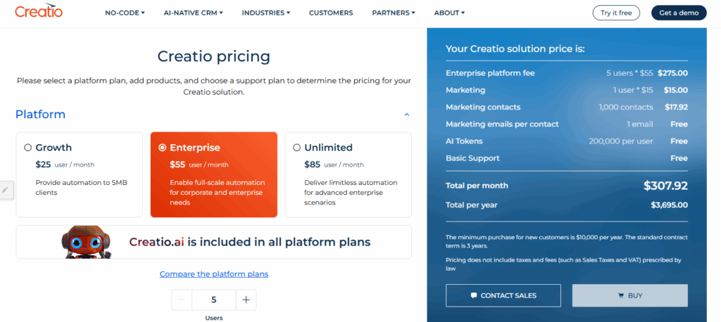 Creation pricing and plan dashboard screenshot.