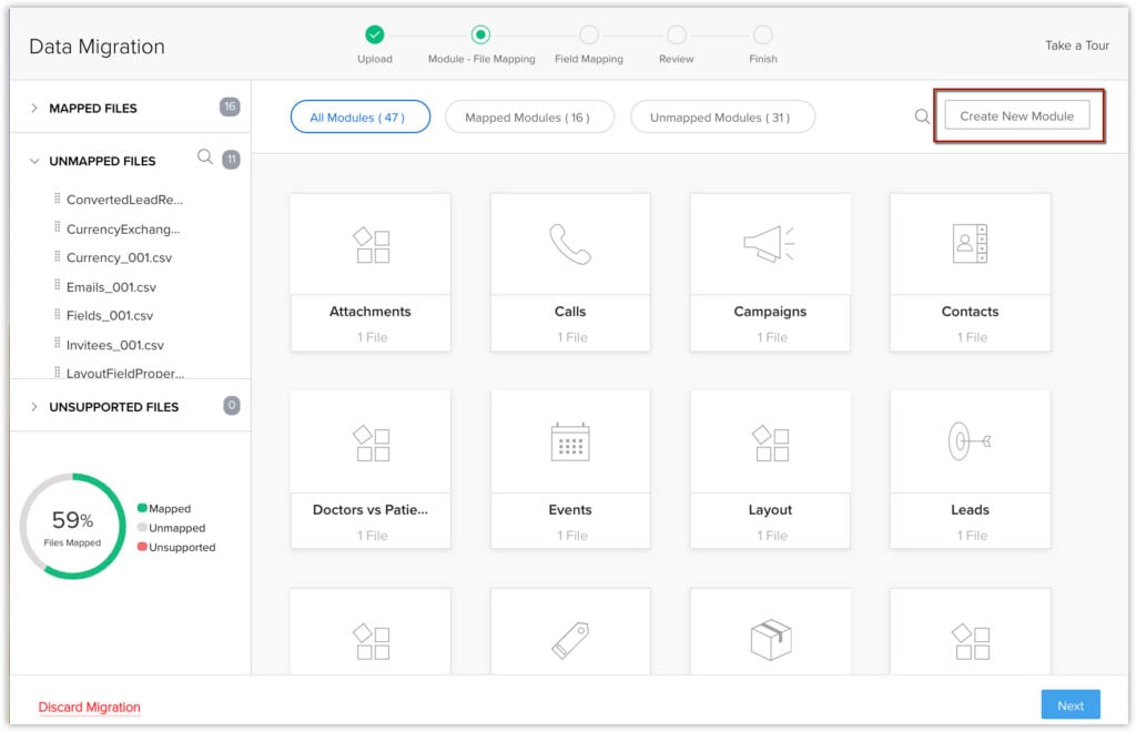 Zoho CRM's data migration UI