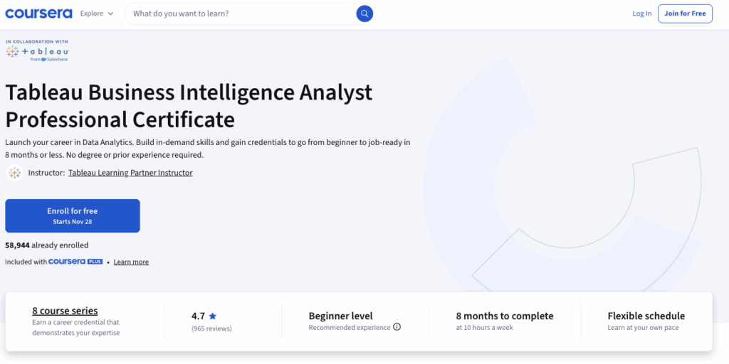 Tableau Business Intelligence Analyst Professional Certificate on Coursera