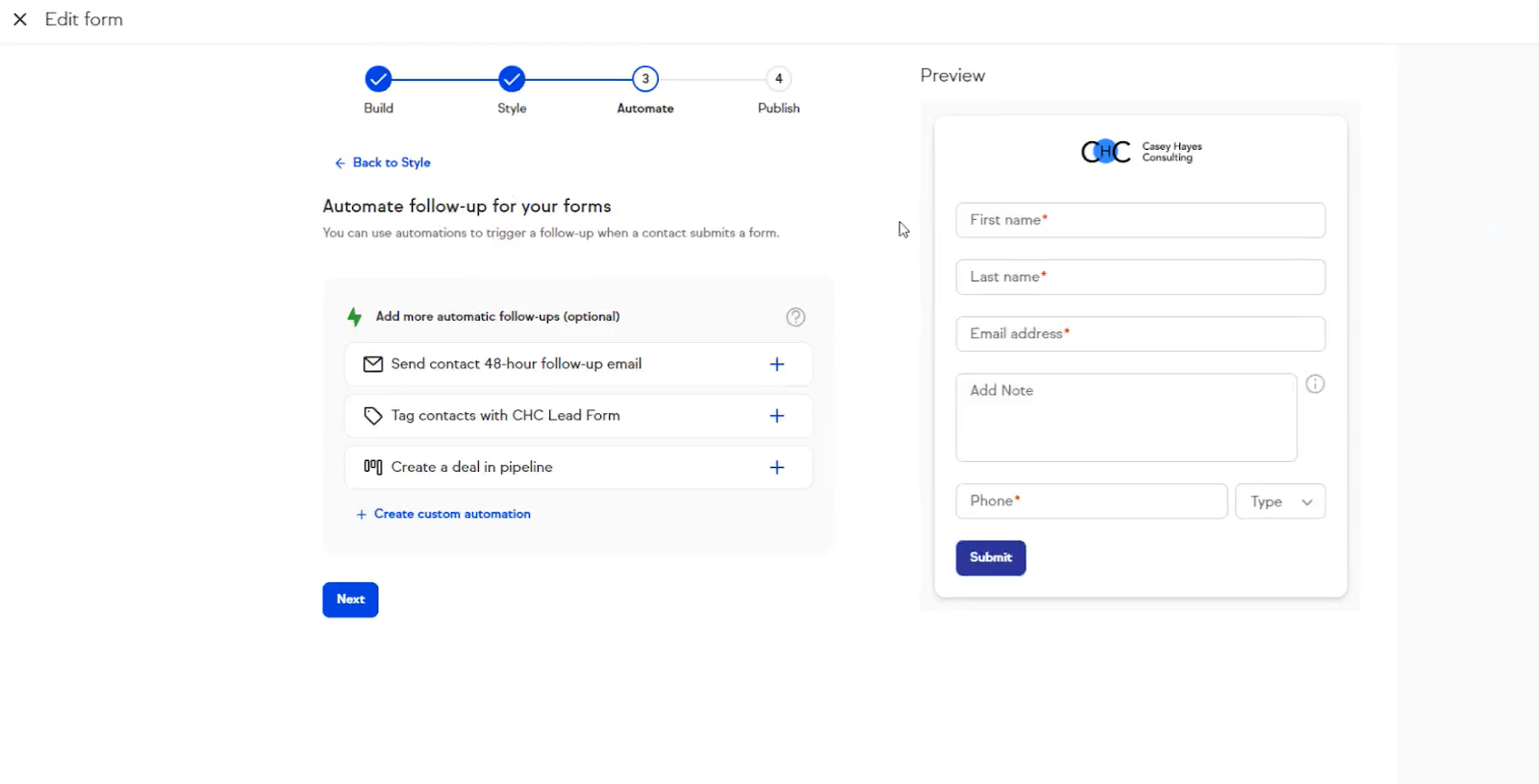 Screenshot of Keap CRM's automated lead capture builder showing a drag-and-drop interface for creating lead forms, with customizable fields, triggers, and automation options. The process includes build, style, automate, and publish. In the automate section, you can add automatic follow-ups, such as sending the contact a 48-hour follow up email, and see a preview of the lead capture form.