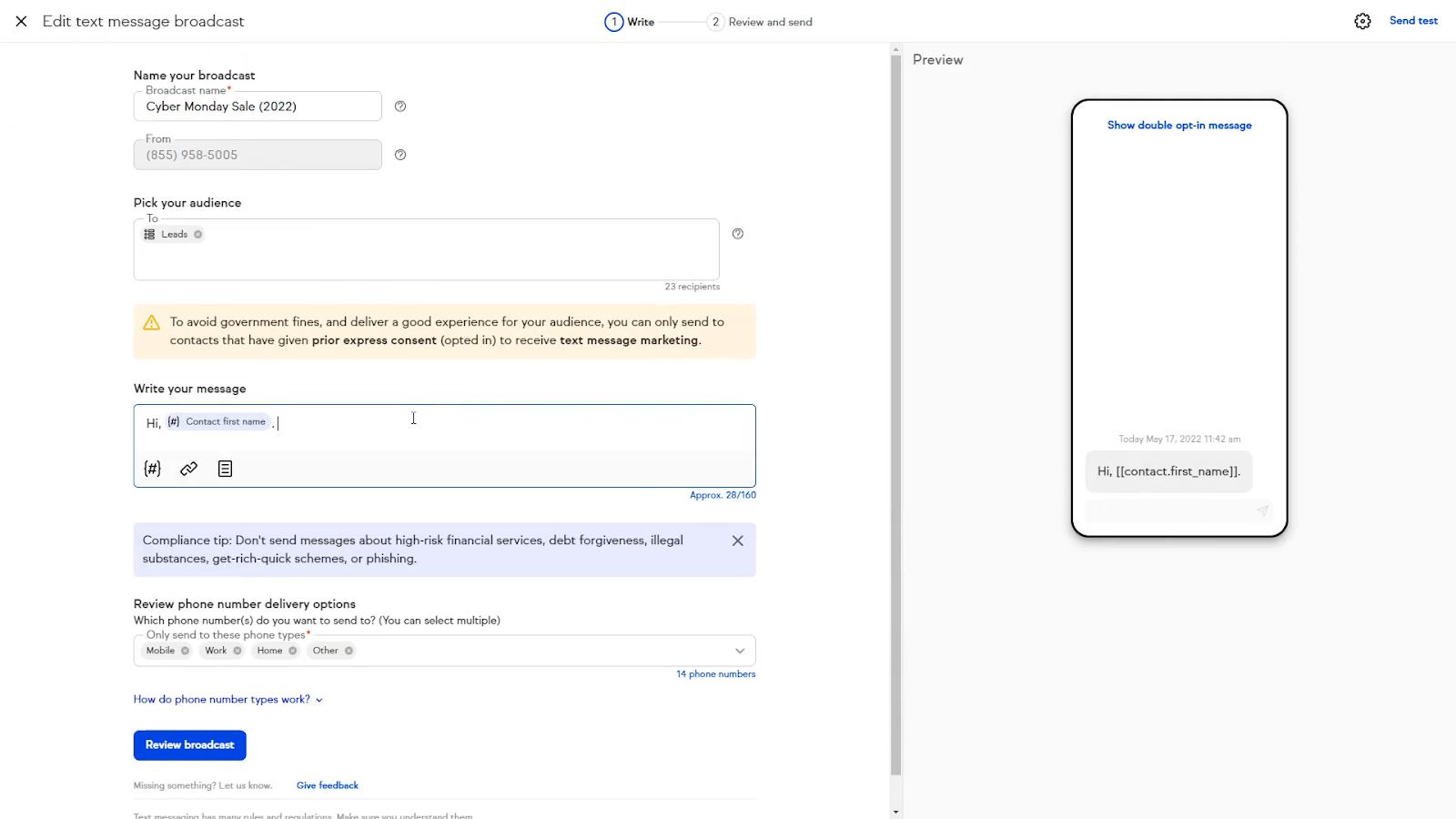 Screenshot of Keap CRM's text message broadcast page displaying options to compose and schedule SMS broadcasts, with fields for recipient selection, naming the broadcast, choosing the phone number from which to send, message content, and send timing. The page also shows a preview of how your text will look.