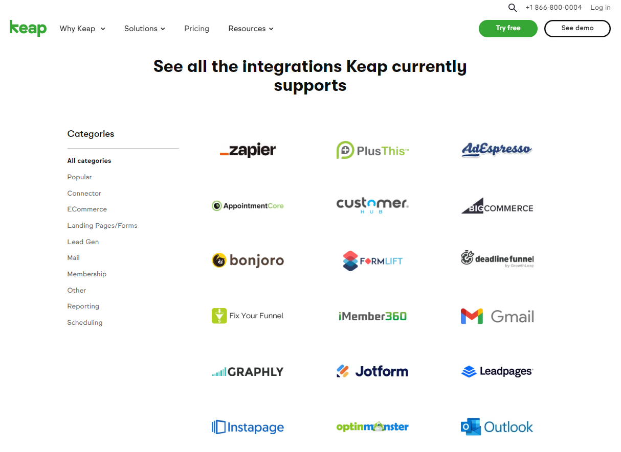 Screenshot of Keap's integrations page, showcasing a range of integrations available for Keap CRM. The page highlights popular integrations with tools like Zapier, PlusThis, AdEspresso, AppointmentCore, CustomerHub, BigCommerce, Bonjoro, FormLift, DeadlineFunnel, FixYourFunnel, iMember360, Gmail, Graphly, Jotform, Leadpages, Instapage, Optinmonster, and Outlook.