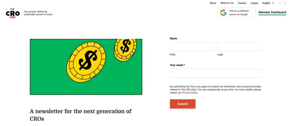 The CRO Club sign up page screenshot