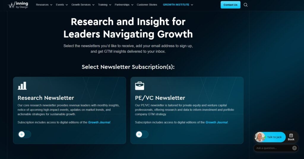 Captura de pantalla de la página web de Winning by Design, que muestra botones de registro para el boletín de investigación y el boletín de PE/VC