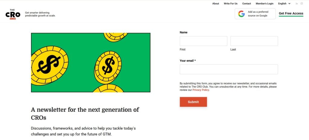 Captura de pantalla de la página de registro al boletín de The CRO Club
