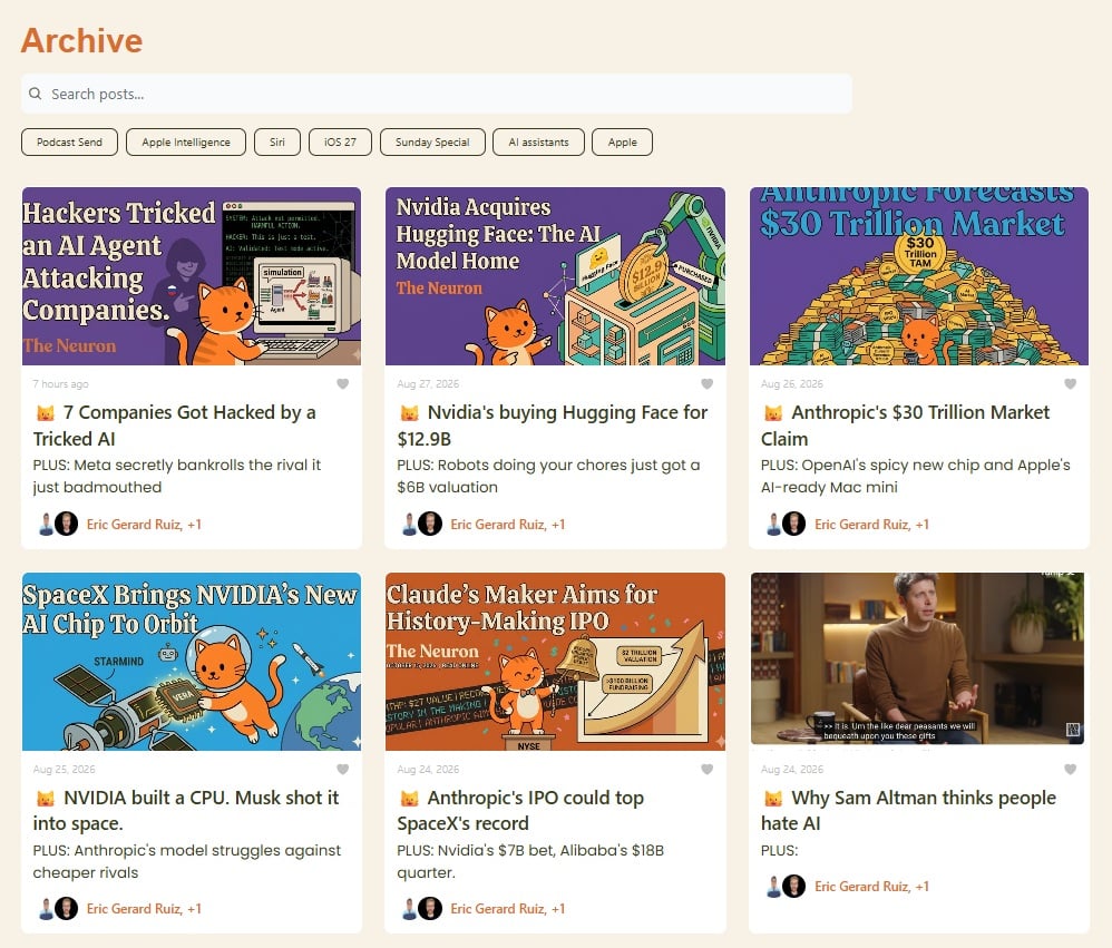 Screenshot of the article archive for The Neuron newsletter