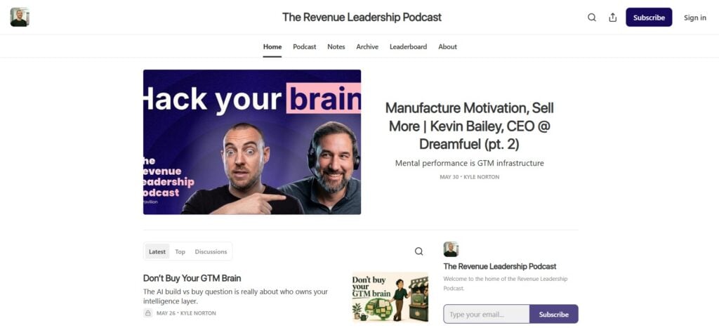 Captura de pantalla de la página web de The Revenue Leadership Podcast