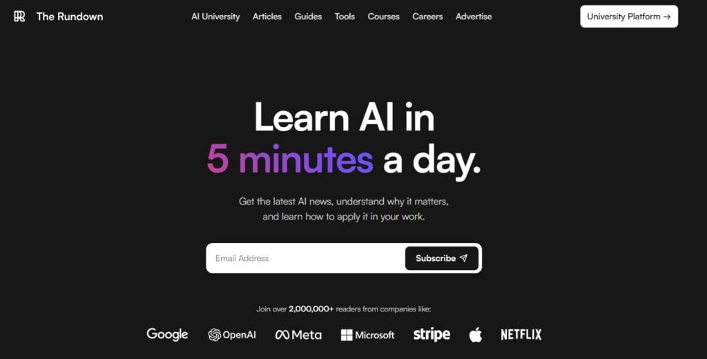 The sign up page for The Rundown AI newsletter