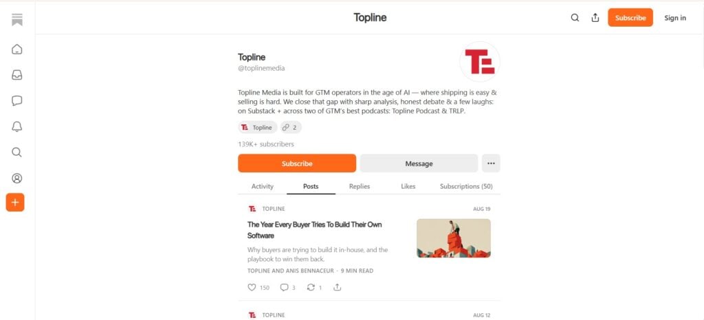 Captura de pantalla de la página web del boletín de Topline